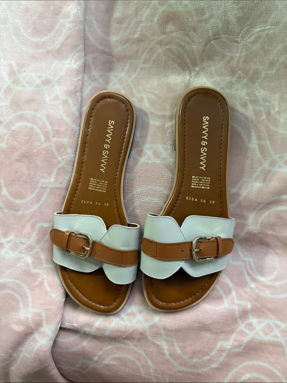 Savvy White and Tan Buckle Slide Sandals